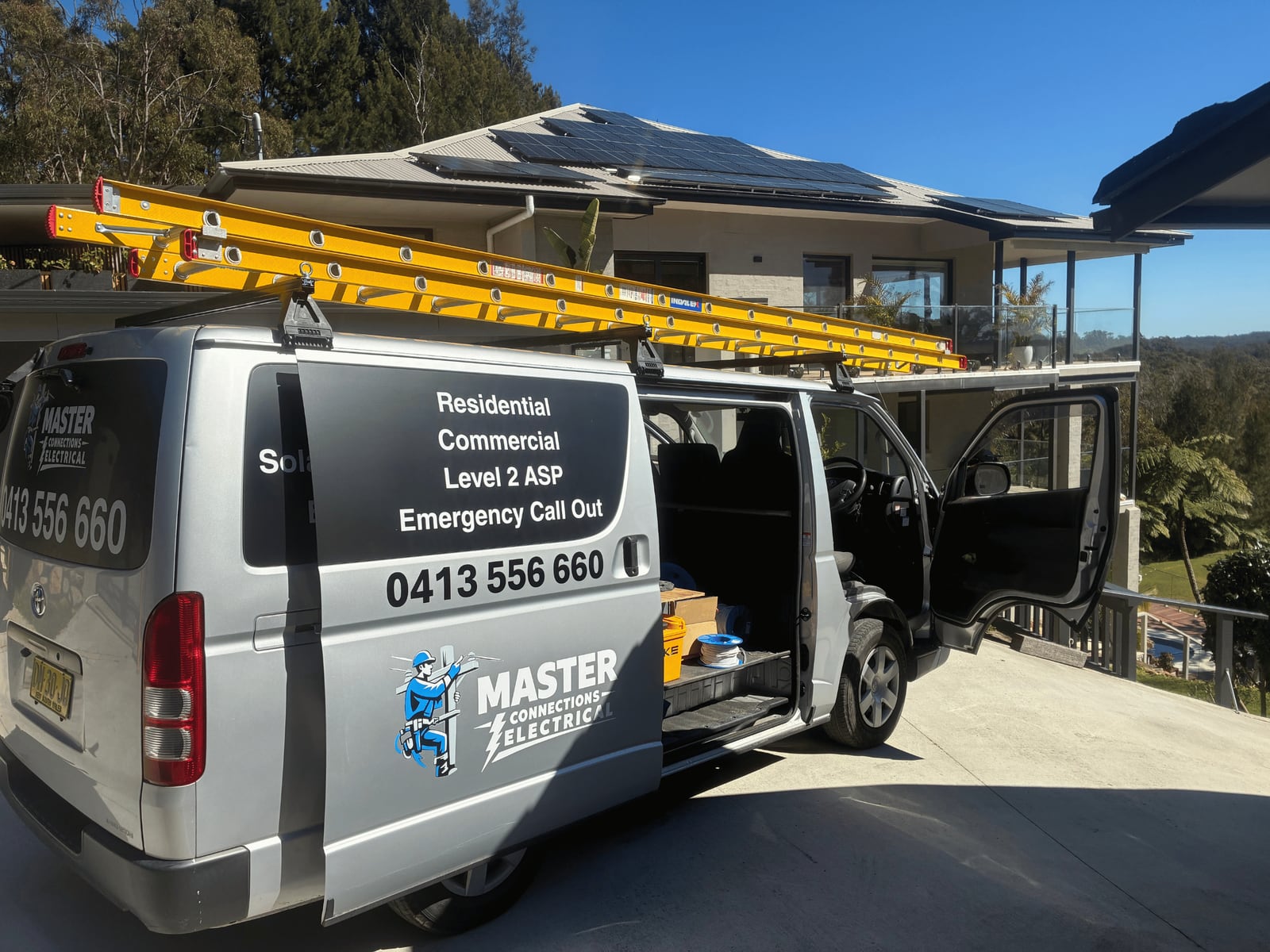 Master Connections Electrical van and ladders on site at a Sydney home
