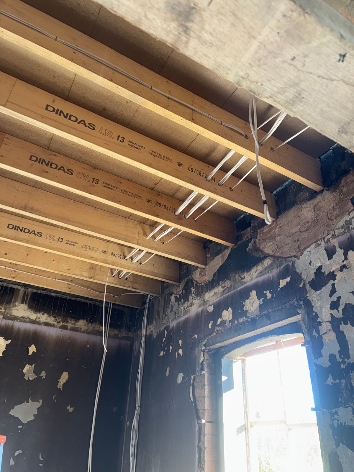 New electrical cabling run through LVL ceiling joists during a renovation
